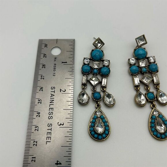 Bohemian Faux Turquoise & Rhinestone Sparkle Dangle Chandelier Earrings Chic - Picture 8 of 8